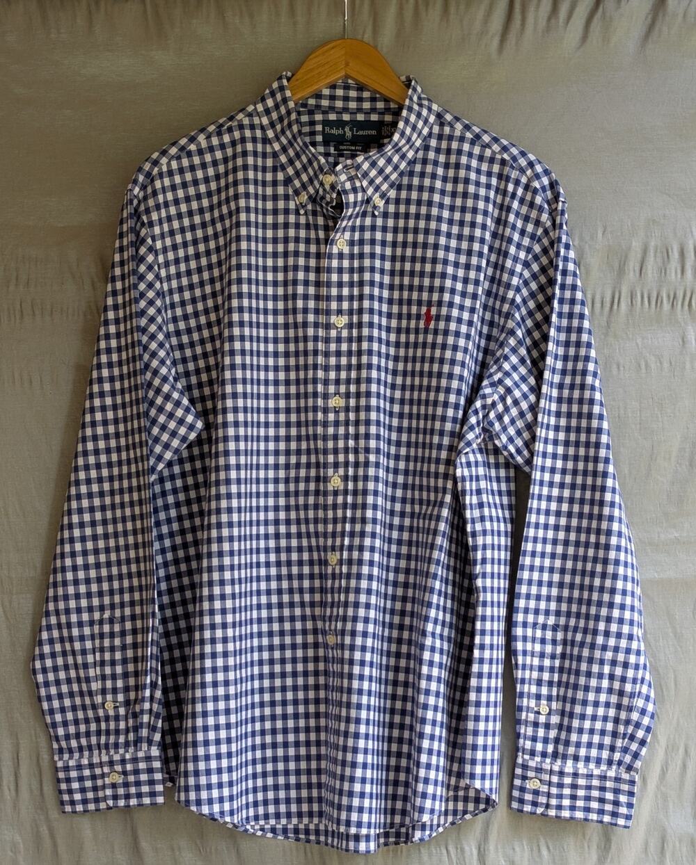 Ralph Lauren Custom Fit Shirt Men Sz XXL Blue Gingham Check Long Sleeve Red Logo